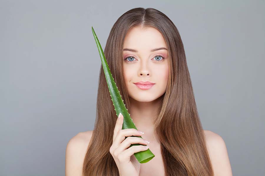 Femme à la peau claire et aux cheveux longs et sains tenant une tige d'aloe vera